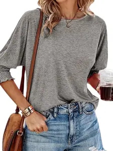 Round Neck Pleated Mid Sleeve T-Shirt, Loose Fit Casual Versatile Soft Style, Comfortable Daily Wear Top for Women