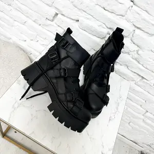 ELECTRA; Women's Leather Combat Boots, Platform, Laces & Straps with Buckles