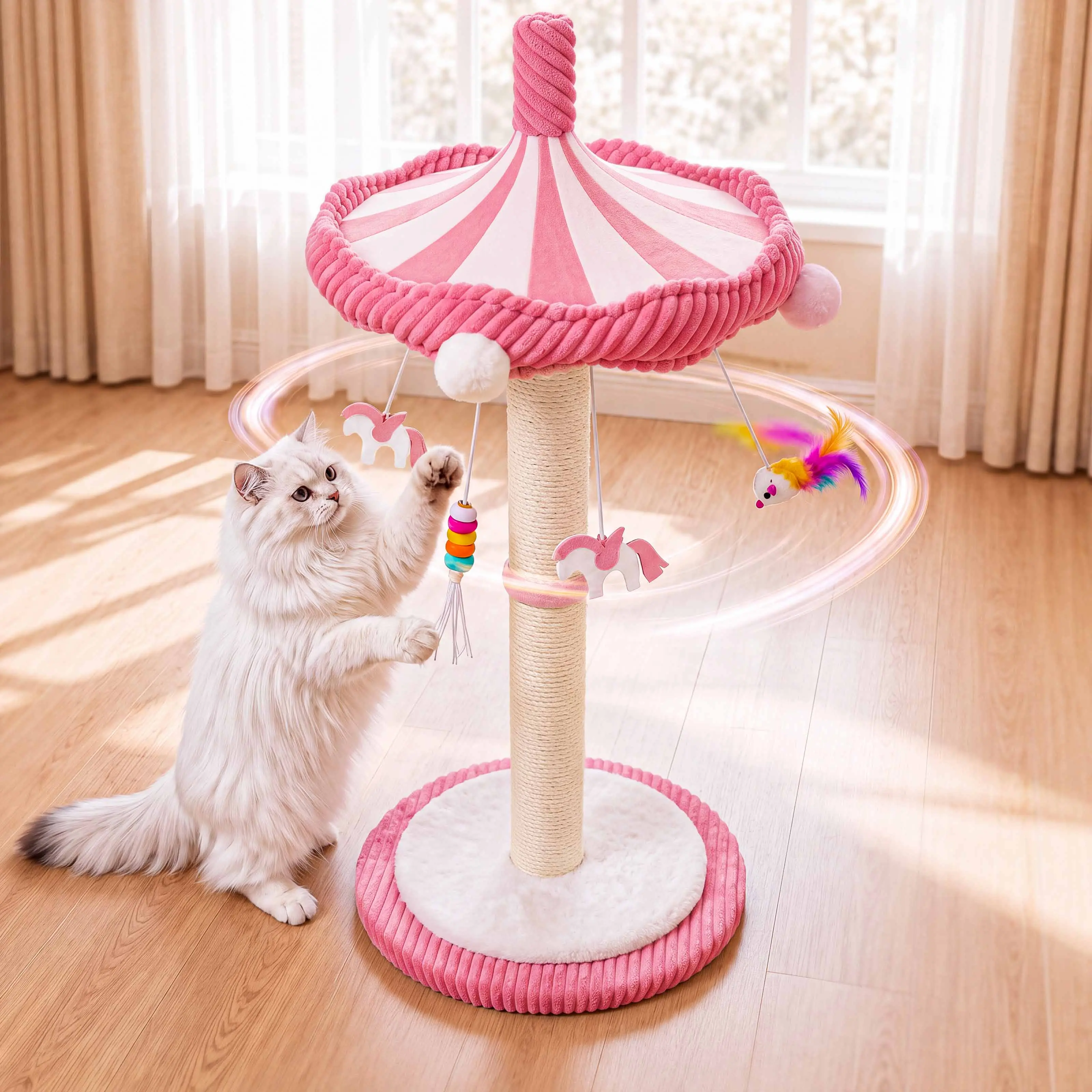 Catails Pink Carousel-Shaped Cat Scratching Post Tower, Rotating Top Sisal Scratcher with Rotatable Hanging Toy, Indoor Play & Entertainment Cat Furniture for Kittens&Adults