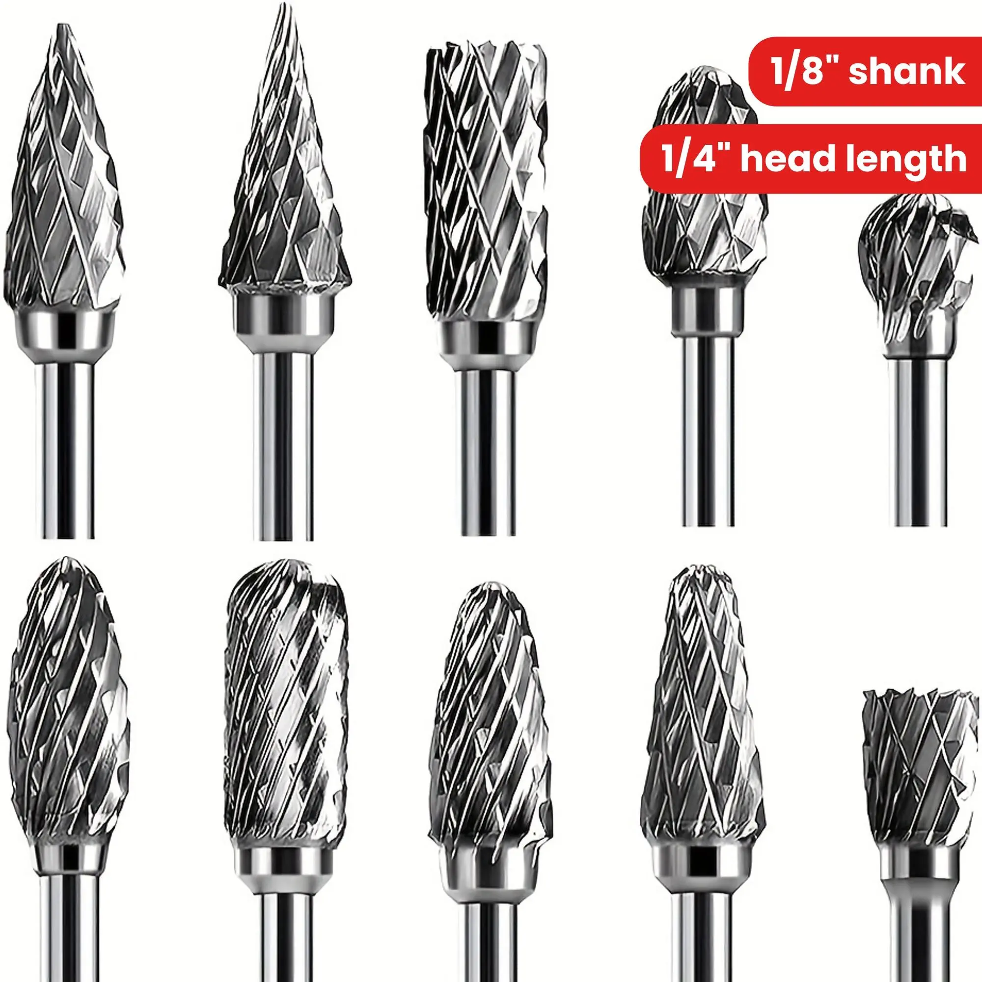 10pcs Double Cut Carbide Rotary Burr Set - 1/8" Shank, 1/4" Head Length Tungsten Steel Tool For Woodworking, Drilling, Metal Carving, Engraving, Polishing Drill Bits