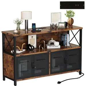 AWQM Retro Sideboard Buffet Cabinet Industrial Wood Farmhouse Design with Power Outlet & USB Port, Ideal Console Table for Kitchen,Dining Room,Living