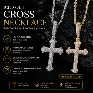 Iced Out White Gold Plated Cubic Zirconia Cross Pendant Necklace With Rope Chain, Trendy Hip Hop Cross Faith Pendant Jesus Necklace For Men Women