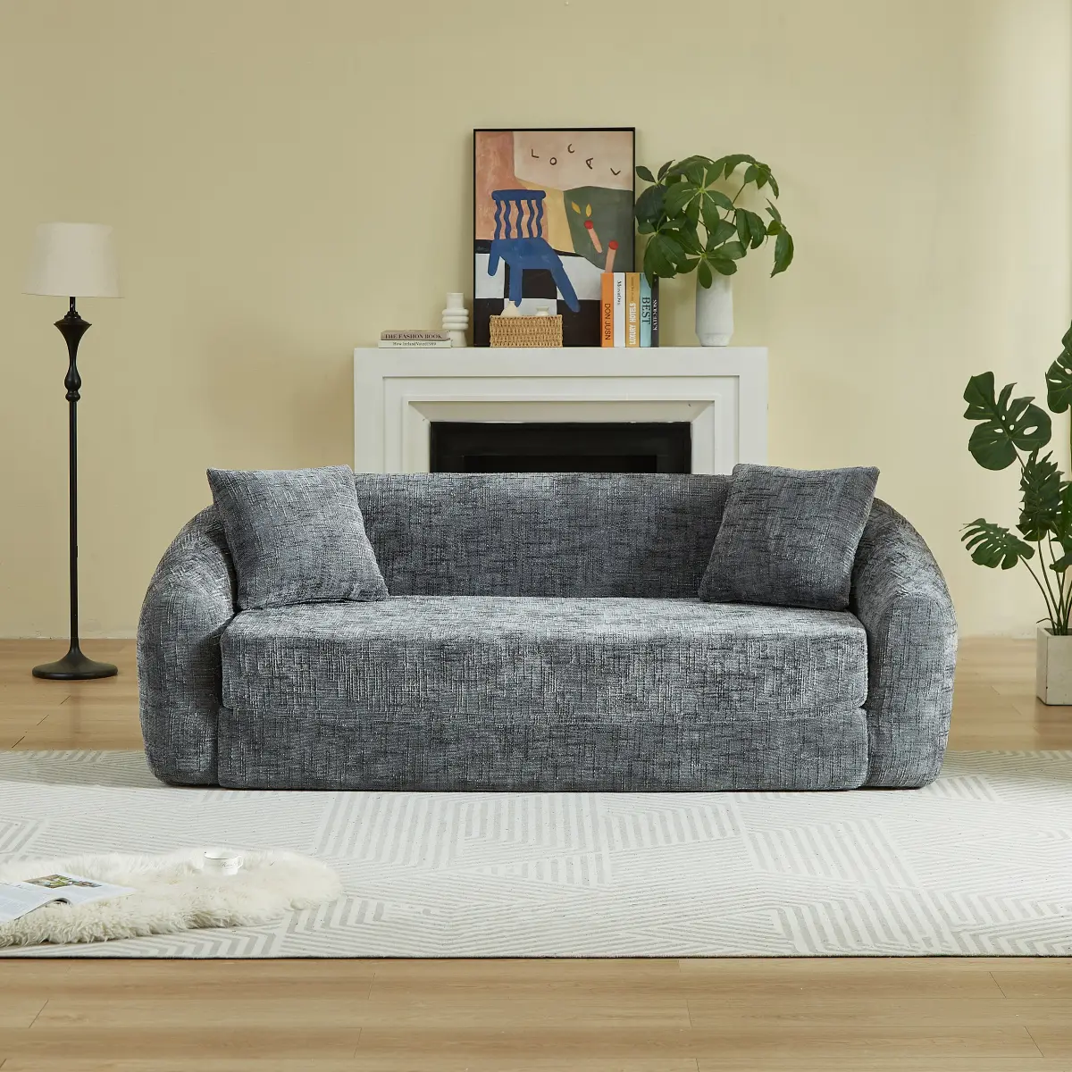 87-inch Curved Convertible Sofa Recliner, 2-in-1 Fold-Out Sofa Bed, with Pull-Out Base and Deep Seat Design, Includes Two Pillows, Chenille Two-Seater Recliner, No Assembly Required, grey