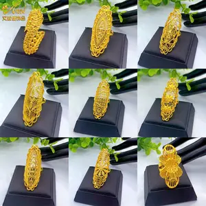 Luxury Ethiopia Arab Dubai 24K Gold Plated Long Rings Jewelry For Women Resizable Wedding African Party Nigerian Big Jewellery