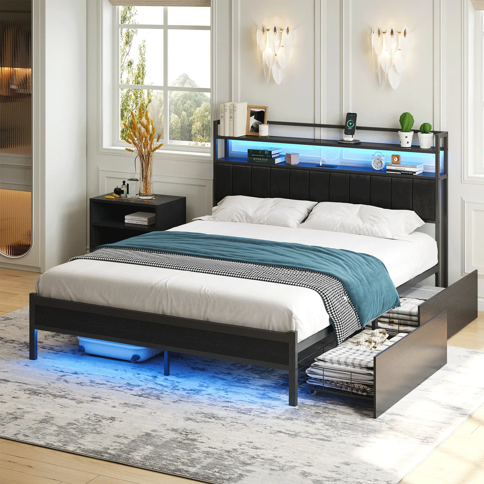 LED Metal Platform Bed Frame with Tall Industrial Headboard, Built-in Charging Station, Storage Shelf & 2 Underbed Drawers, Noise-Free Metal Slats, Twin Full Queen Size for Bedroom Dorm First Apartment, No Box Spring Required, Mattress Not Included