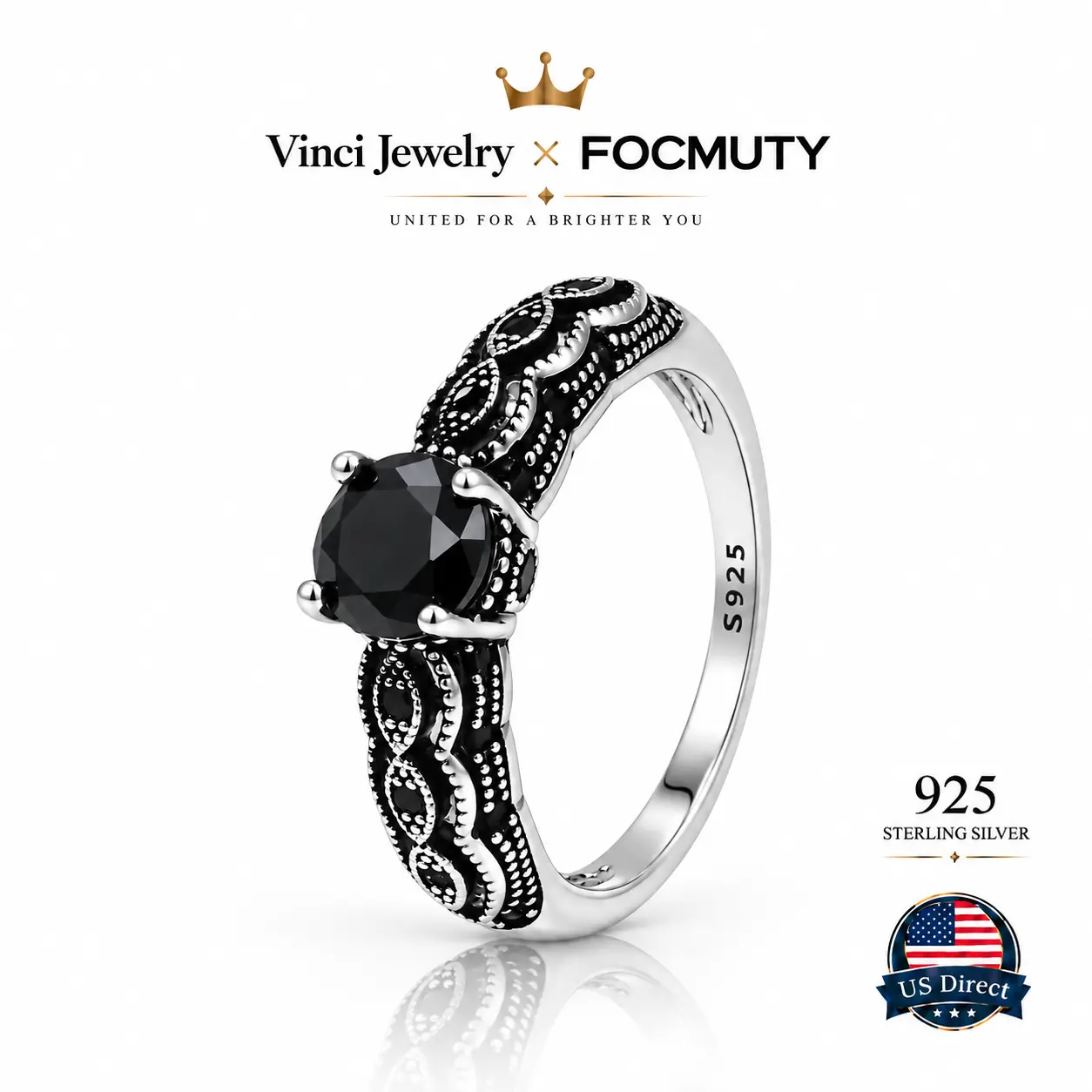 FOCMUTY Vinci S925 Sterling Silver Vintage Black Synthetic Obsidian Ring with Filigree Design for Men and Women Everyday Wear, Energy Crystal Ring Perfect for Birthday Party Statement Gift/Unique Ring/Daily Armor Ring