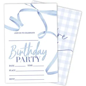 Blue Bow Birthday Party Invitations 20 Pack Girls Birthday Invite with Envelopes Cute Birthday Invitation Cards for Kids Birthday Party Decorations Supplies (4''x6'') A06