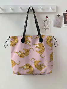 Large Capacity Cheetah Pattern 2D Print Drawstring Tote Bag, Leopard Print Tote, Durable Shopping Bag for Work, Casual Outings & Picnics, Multipurpose Design, Personal Item Bag, Everyday Bags