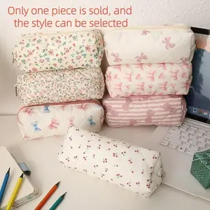 Floral Heart Bow Print Pencil Case, Back-To-School Stationery Storage Box, Dual-Sided Printed Bag, Portable Multi-Functional Office & School Pencil Holder, Office Desk Accessories, Office Supplies