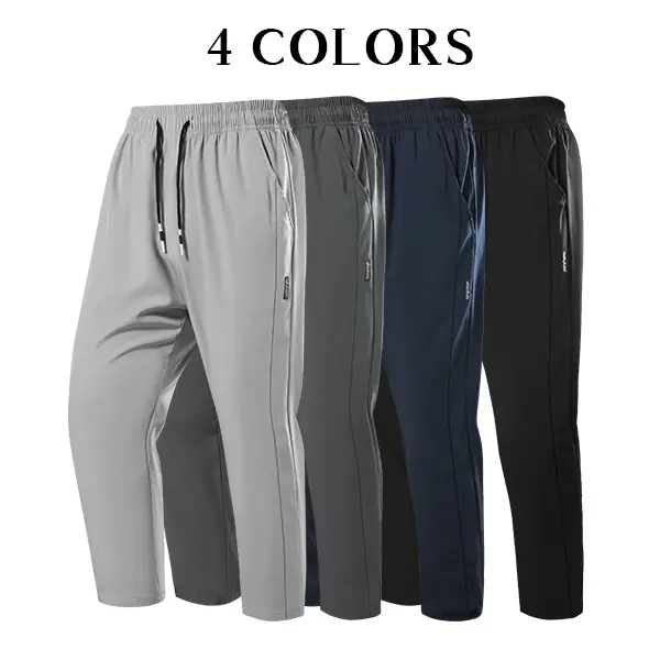 Men’s casual long pants with side stripes, elastic drawstring, straight cut, 9/10 length, available in 4 colors for everyday wear.