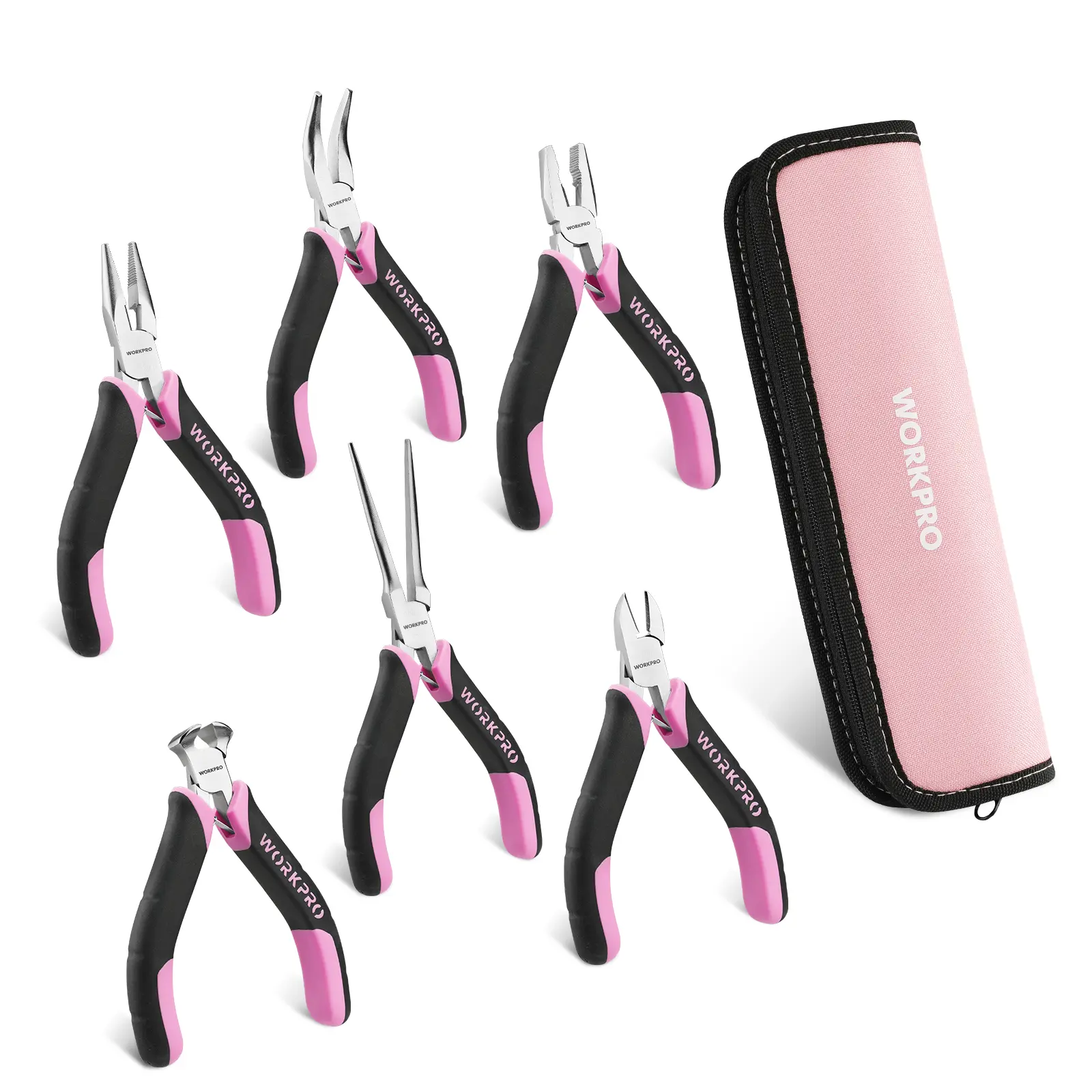 #Summersales WORKPRO 6-Pack Mini Pliers Set with Pouch | Needle Nose, Diagonal, Long Nose, Bent Nose, End Cutting and Linesman, for Making Crafts, Repairing Electronic with Pouch
