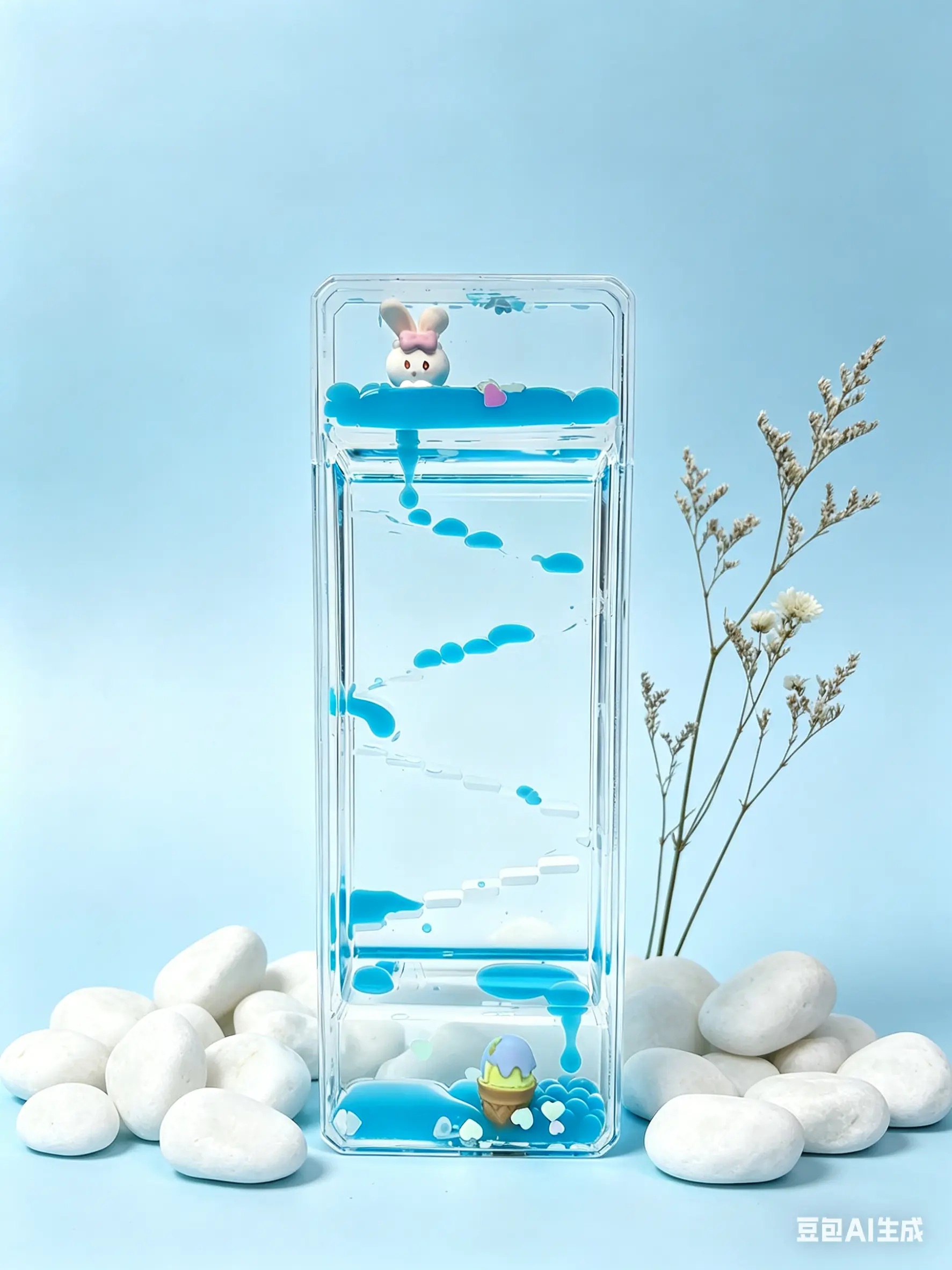 Acrylic liquid drip timer, rabbit ice cream cone shape — a fun sensory stress-relief toy for children, helps relieve stress, creative tool for ADHD focus, suitable as gifts for desks, home, and school.