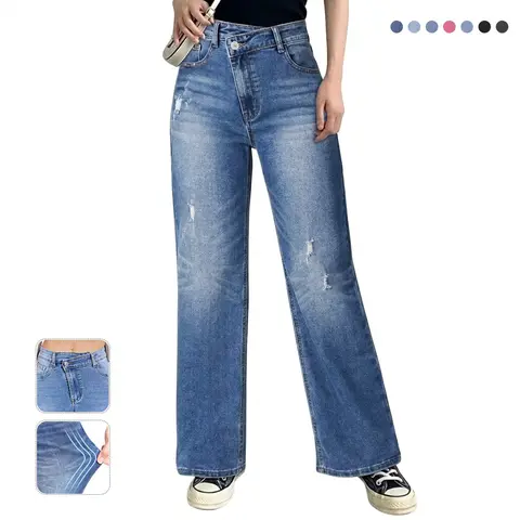 Genleck Women's High Waisted Retro Wide Leg Jeans - 2000s Vintage Style, Reinforced Crossover Waist, Stretch Spandex Denim Fabric, Soft Breathable, Slant Pockets (Refer to Size Chart)