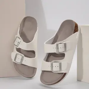 Women's Platform Adjustable Buckled Slip on Slippers Cork Footbed Slides Softy Flat Girl Sandals Open Toe Walking Shoes
