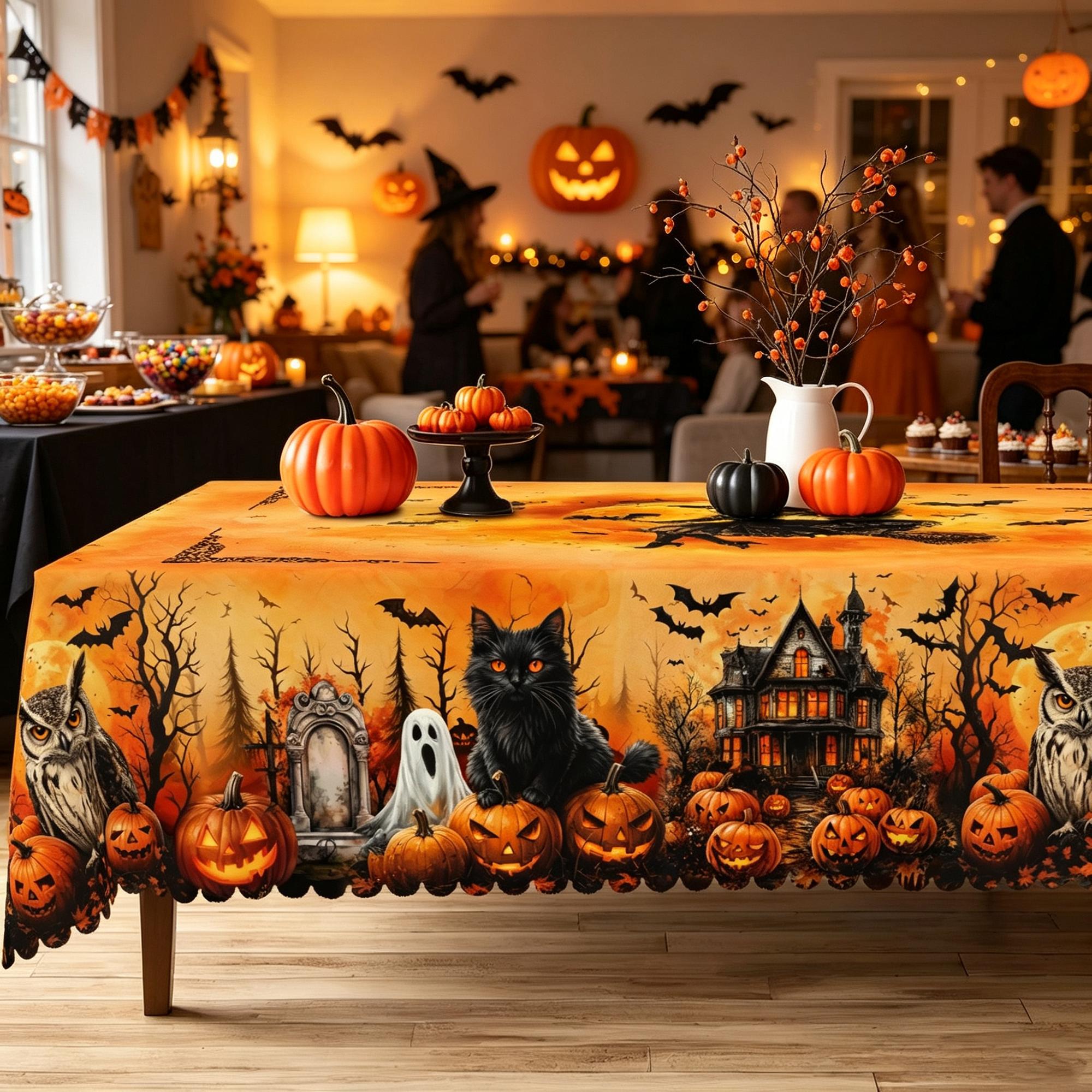 BOOPBEEP Halloween Printed Tablecloth - Vintage Farmhouse Style, Pumpkin & Black Cat Patterns, Rectangular/Round Dining/Kitchen Cover, Nostalgic Halloween Decor, Brunches Indoors Use, Holiday Gift, Pumpkin Ghost Pattern Kitchen Linen Sets, Decoration, Ind