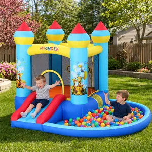 AKEYDIY Kids Inflatable Bounce House, Jungle Animal Party Themed Bouncer with 370W Blower, Slide, Ball Pit and Ring Toss Game, Durable & Safe Design for Indoor, Outdoor and Backyard All-Season Play, Ideal Gift for Kids, Summervibes
