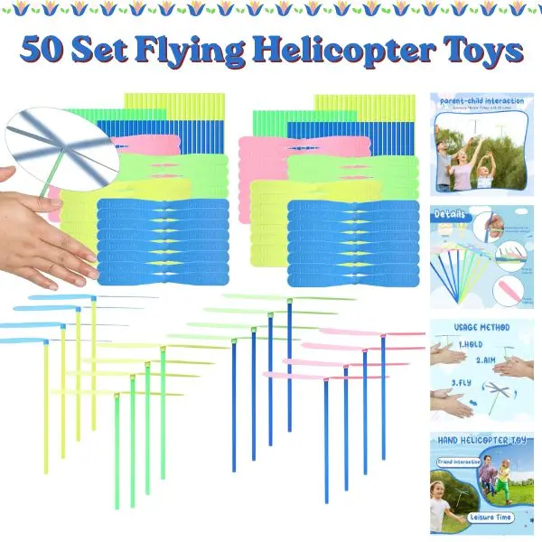 50 Set Flying Helicopter Toys, Hand Launch Helicopter Propeller & Rod Outdoor Party Favors, Kids Ages 3-8 Birthday Gifts, Summer Yard Outdoor Flying Toys for Boys & Girls