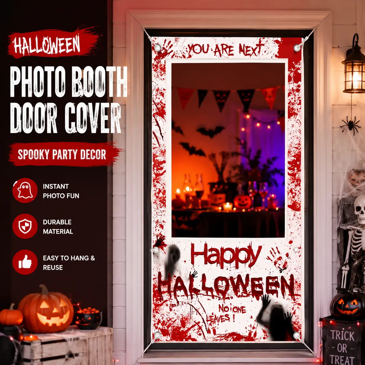Halloween Door Cover - 35.4x70.9 In Polyester Fabric Door Banner with Corner Metal Grommets, Spooky Witch Skeleton & Bloody Photo Prop Backdrop for Front Door, Bathroom, Porch & Halloween Party Decor, Fun Holiday Gift for Family & Friends