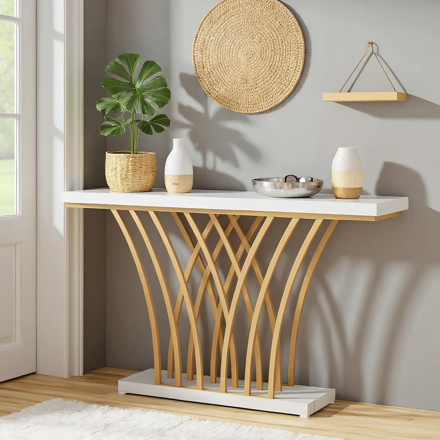 Spaco 59-Inch Faux Marble Console Table - Freestanding Indoor Table with Geometric Gold Metal Base, Thickened Bottom, Water-Resistant Surface, Assembly Required, Generous Room for Decorative Ornaments, Luxurious Welcoming Entryway Focal Point