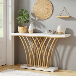 Spaco 59-Inch Faux Marble Console Table with Geometric Gold Metal Base – Modern, Stylish & Sturdy Entryway Table with Thickened Bottom & Water-Resistant Surface