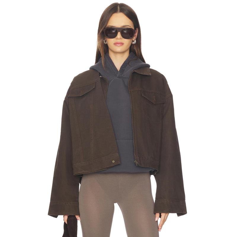 MARRKNULL Dislocated Wrap Around Denim Jacket in Brown