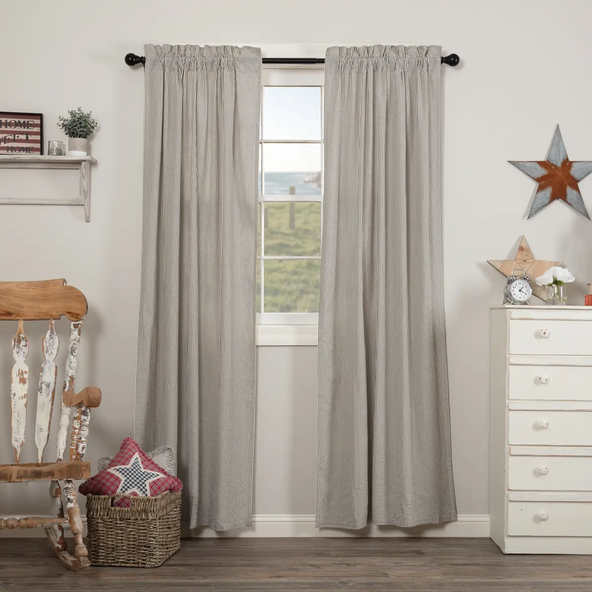 100% Cotton Home Decorative Window Curtains, Blue and White Vertical Stripe Seersucker Ticking Stripe Panels