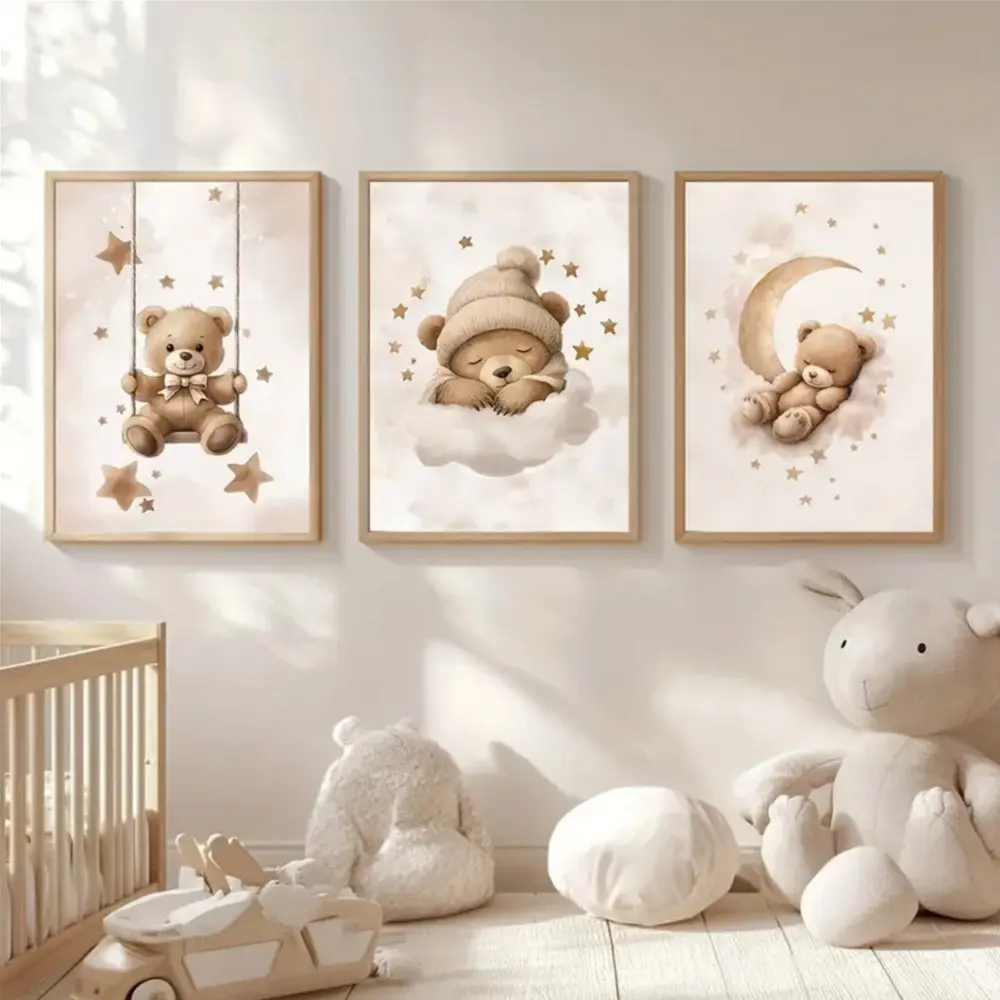 3 Pieces Boho Teddy Bear Stars Clouds Art Prints, Wall Decor Pictures, Wall Mural, Soft Warm Home Art, Cute Gallery Decor, Soft Tone Painting, Wall Decor Aesthetic, Wall Decor for Nursery and Kids Room, Framed or Unframed Options Available
