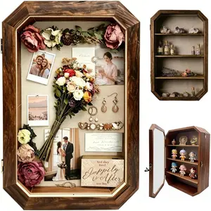 AMZWKT Shadow Box Frame, 10x16 Carbonized Brown Display Case with Linen Back & Detachable Shelves for Wedding Bouquet, Photos, Medals, Collectibles, Souvenirs & Home Wall Decor
