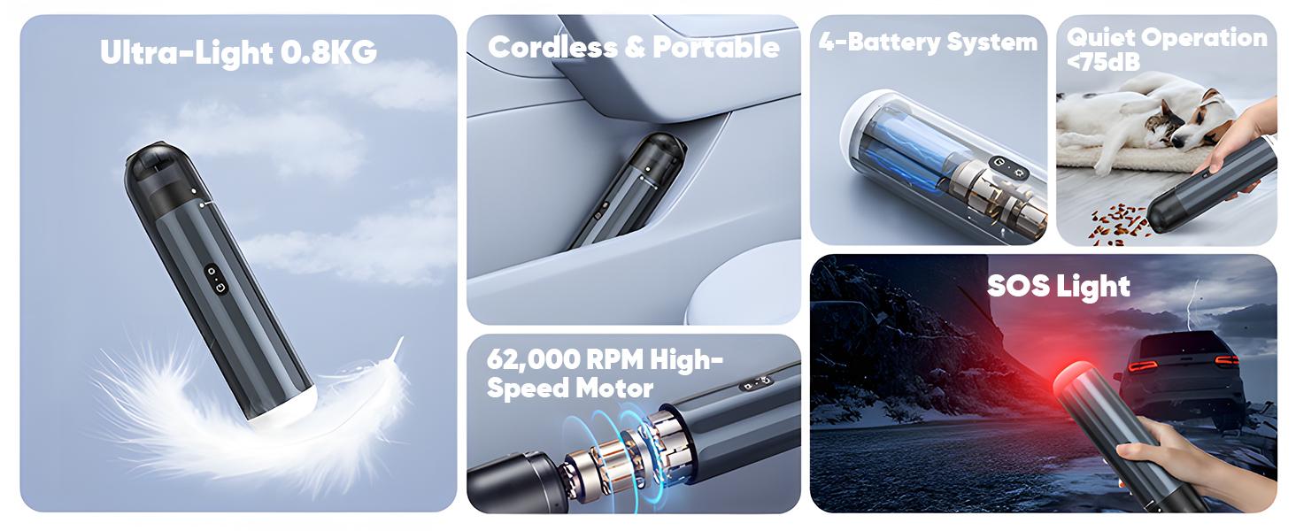 Car Vacuum Cleaner, Compact Home and Car Handheld Vacuum Cordless with Several Crevice Tool, Rechargeable 10,000PA High-Power with 80ml Dust Cup, Lightweight, Portable Mini Vacuum for Car, Home, Pet Hair
