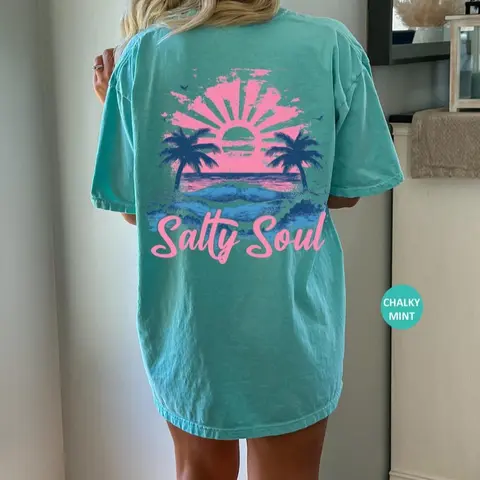 Comfort Colors Salty Soul Summer T Shirt, Summer Vacation Tee Tshirt, Retro Graphic Summer T-Shirt, Vintage Beach Gift Graphic Tee