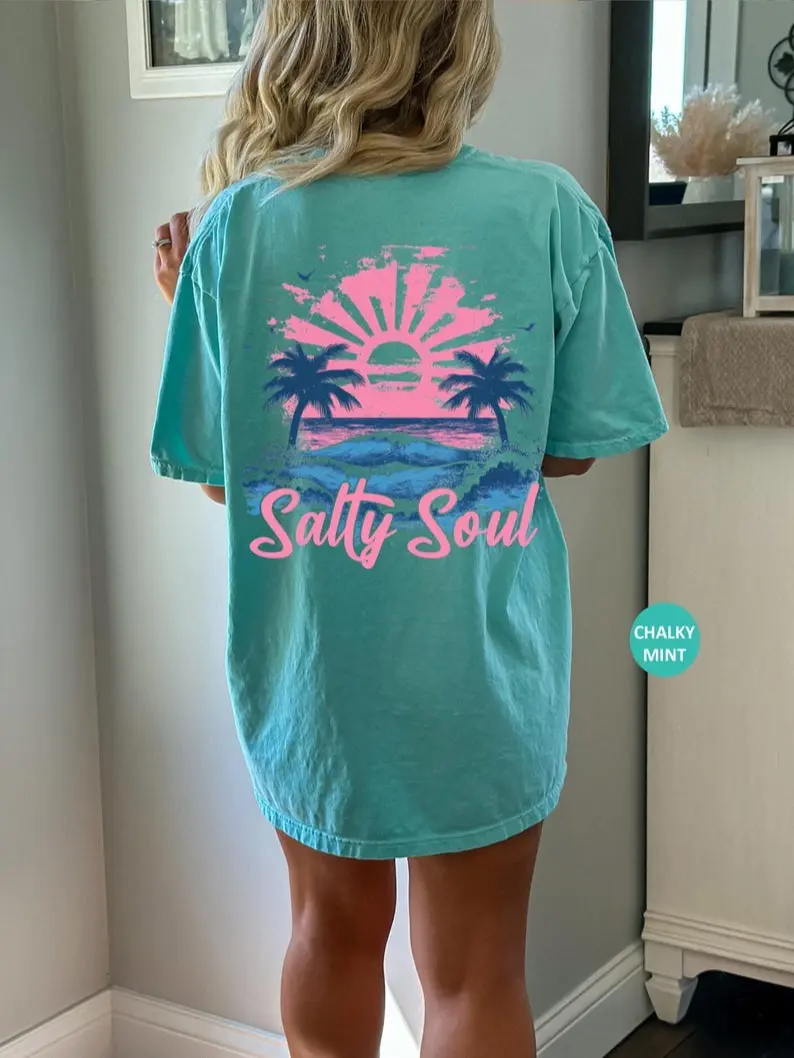 Comfort Colors Salty Soul Summer T Shirt, Summer Vacation Tee Tshirt, Retro Graphic Summer T-Shirt, Vintage Beach Gift Graphic Tee