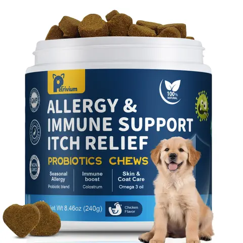 【Upgraded Formula】Petrivium Probiotic Chews for Dogs (All Ages, 24 Months Shelf Life) - 120ct Jumbo Size Chicken Flavor, Pumpkin-Infused Topper with Colostrum Fish Oil, Helps Ease Paw Licking, Supports Allergy Relief, Gut & Immune Health