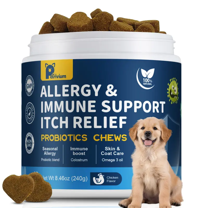 【Upgraded Formula】Petrivium Probiotic Chews for Dogs (All Ages, 24 Months Shelf Life) - 120ct Jumbo Size Chicken Flavor, Pumpkin-Infused Topper with Colostrum Fish Oil, Helps Ease Paw Licking, Supports Allergy Relief, Gut & Immune Health