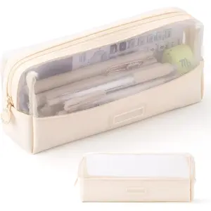 SQ-PCB030 Mesh Pencil Bag Clear pencil case Zipper Pouch Bags Multifunctional Pencil Holder for Students, Small Makeup Bag Suitable for Teen Girls & Boys Beige