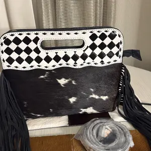 Cowhide Crossbody Bag with Fringe Black & White Geometric Pattern for Everyday Use