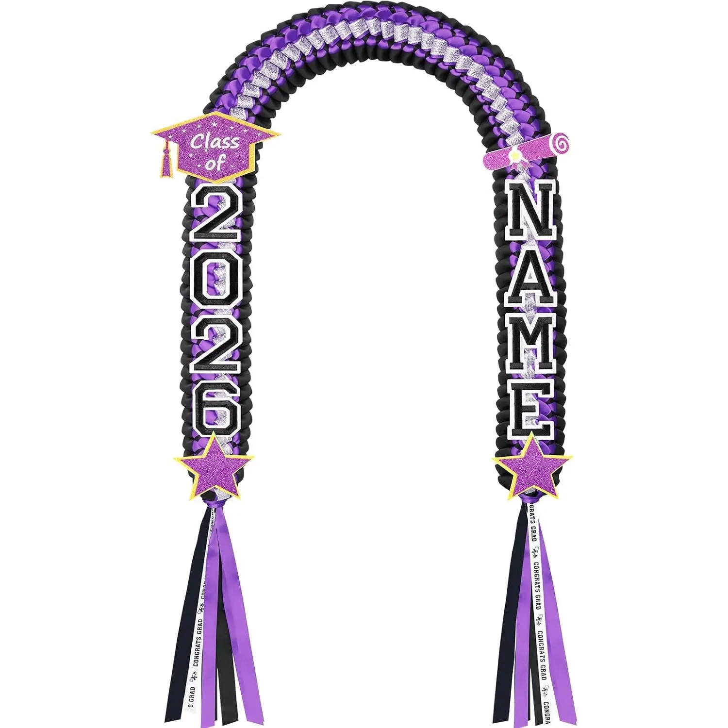 Graduation Lei Class of 2026, Graduation Ribbon Money Lei Personalized DIY Name Braided Necklace for Women Men Congrat Grad Party Gift Accessories(Purple,1 Set)