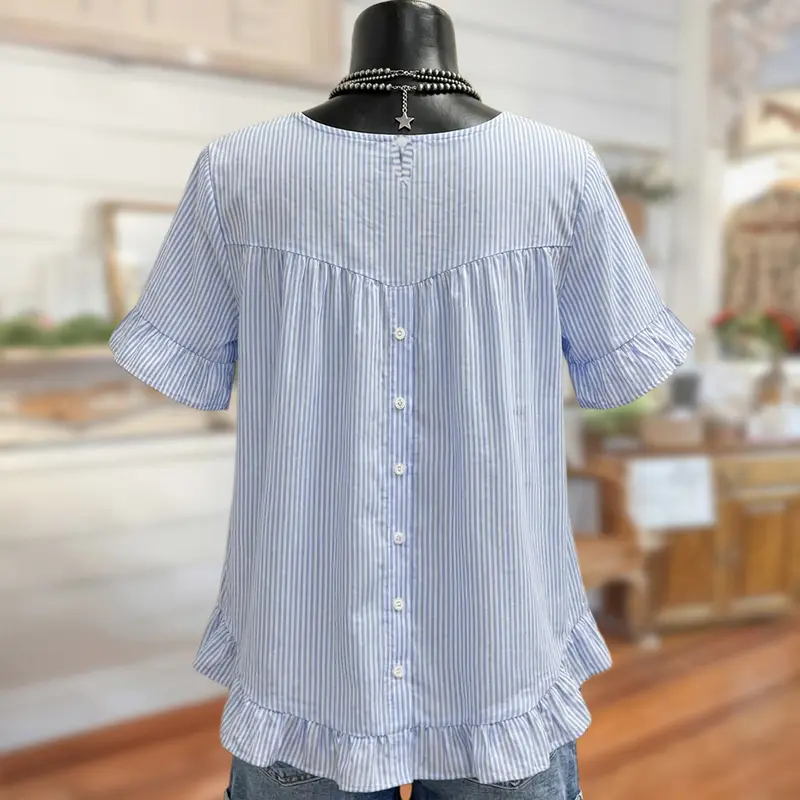 Sage Vell Women's Preppy Vibe Sweet Cotton Blend Bicolored Blouse Top - Blue-White Striped, Short-Sleeve, Button-Back, Twist Detail, Ruffle Hem, Loose-Fit Crew Neck Tunic, Everyday Fabric for Daily Vacation Use