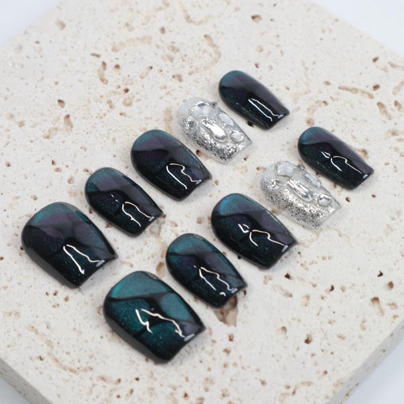 Hesperix Nails-Cat Eye Glitter Nailgems HANDMADE Square Shape REUSABLE Press-On Nails Salon Quality Acrylic Nail Art(10pcs Set)
