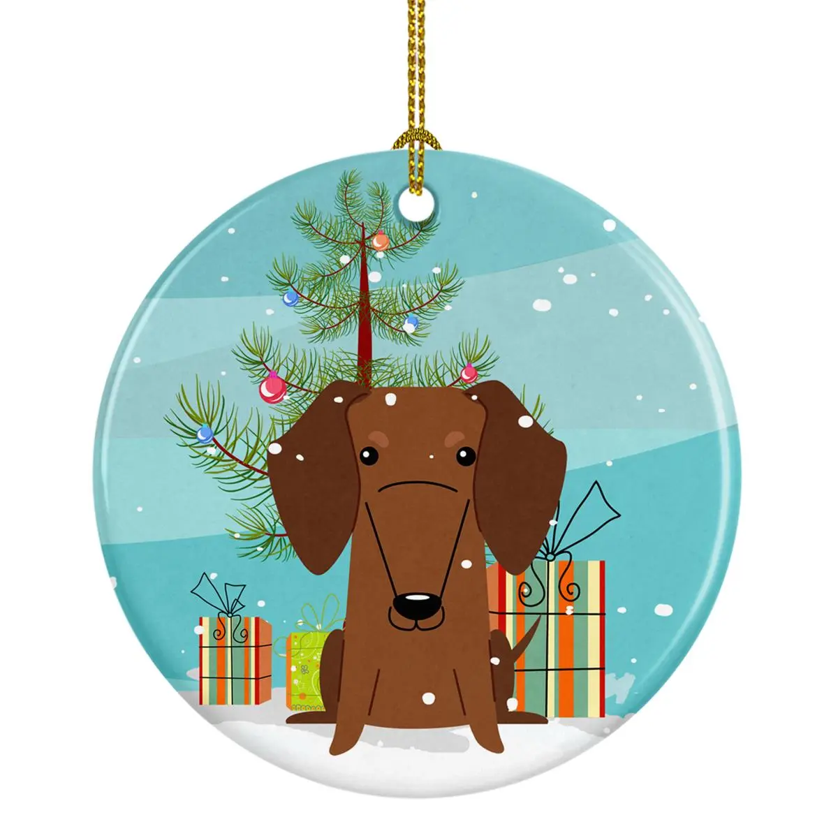 Merry Christmas Tree Dachshund Red Brown Ceramic Ornament