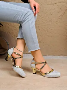 Women's Spring Summer Gold Sparkle High Heel Sandals, Cross Strap Chunky Heel Shoes, Elegant Evening Single Shoe