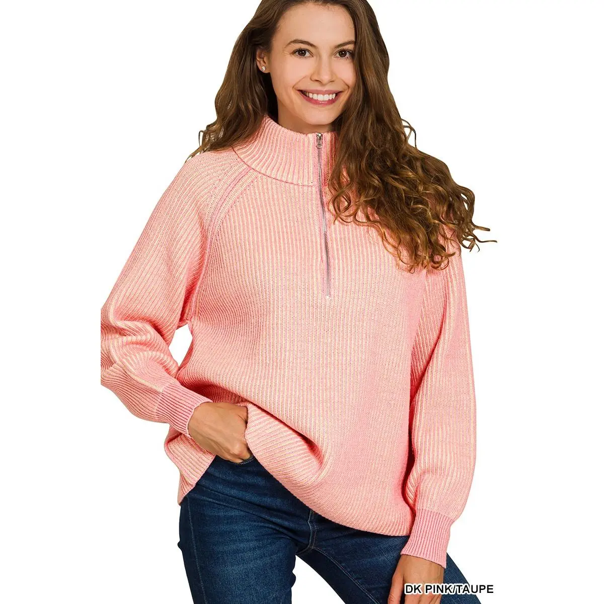 Zenana Ribbed Two Tone Half Zip Sweater