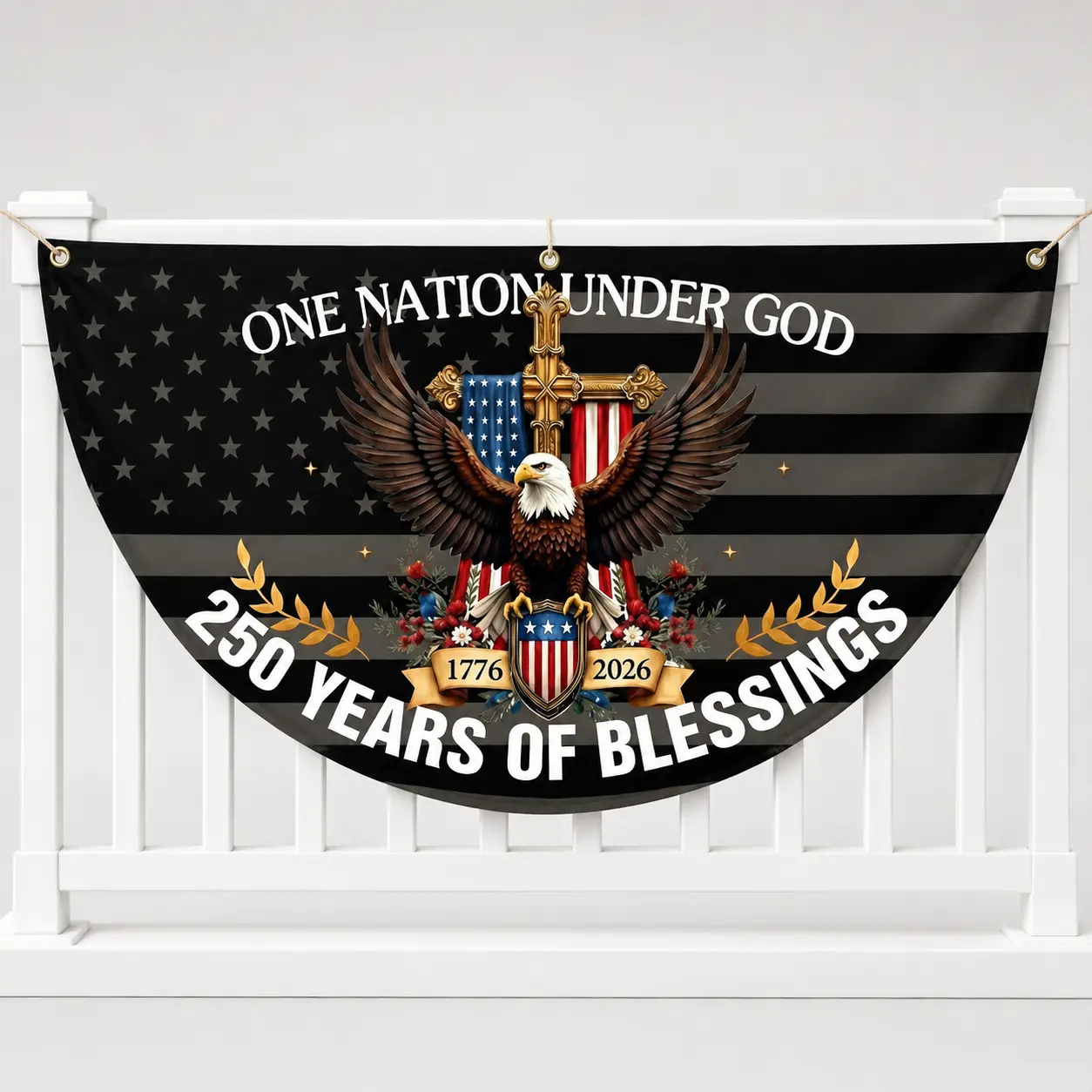 Patriotic Semicircular Polyester Fence Banner - Stars and Stripes American Flag Eagle Half-Round Porch Decoration, 4th of July Weather-Resistant Easy-Hanging Outdoor Decor Supply, Happy Birthday America Accessory, July 4Th