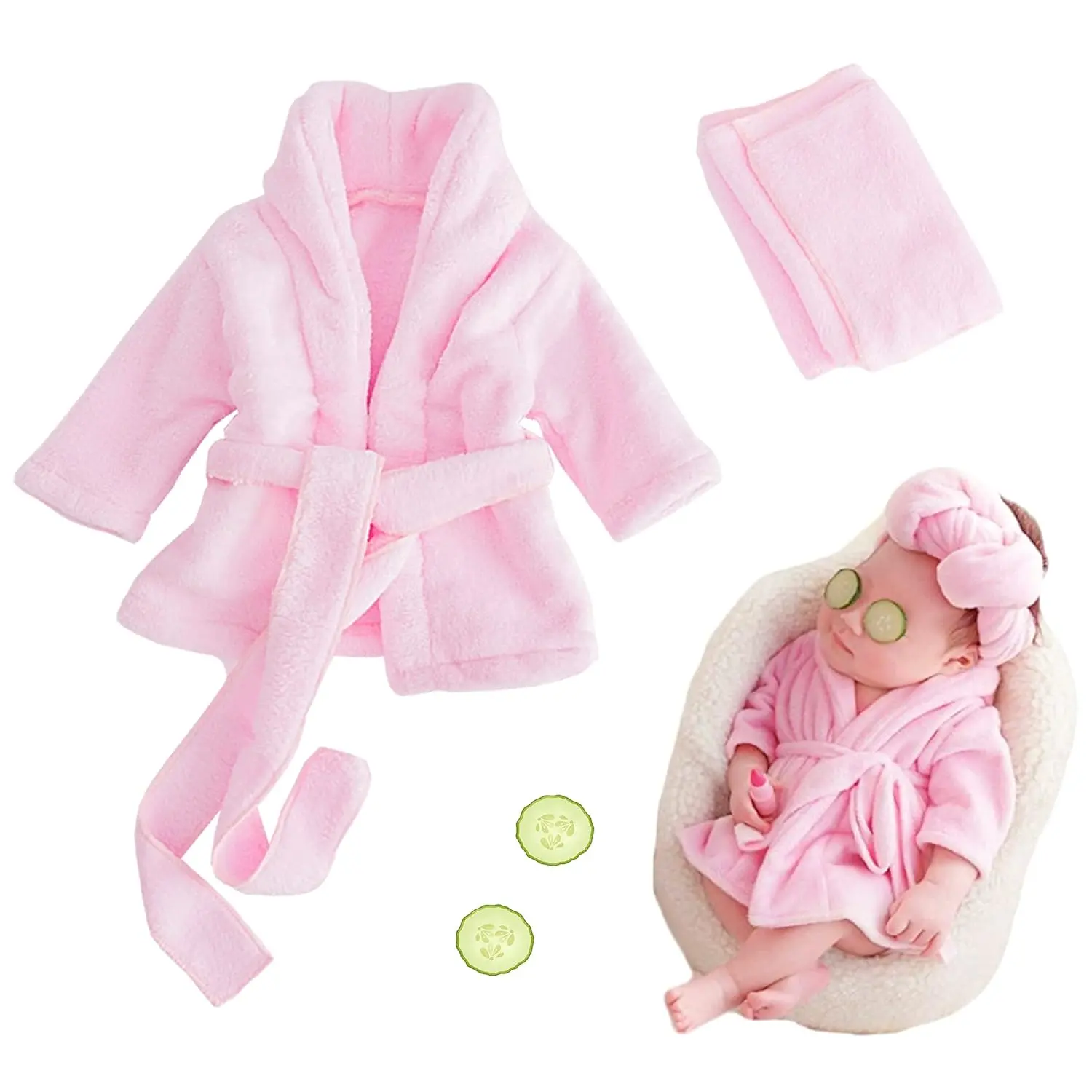 Newborn Photography Props Bathrobe Outfits Girl Baby Robe Bath Towel Costume Sets 0-6 Months(Pink)
