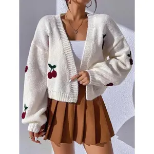 Women's Cute Cherry Print Open Front Drop Shoulder Cardigan, Fitted Design Lady Top, Comfort Casual Longsleeves Knitwear Top for Fall, Cardigan Sweater, Women's Simple Outerwear, Spring Outfit,? Fallfreshness, Casual Outfit， Versatile StylingRAIMENTRY