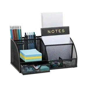 writing instrument Basket, Paper Clip Drawer Tray (BLACK),Desk Organizer [7-Compartment] - Supplies and Accessories Storage For Office Desk with Mail Sorter, Sticky Note Pad Holder,
