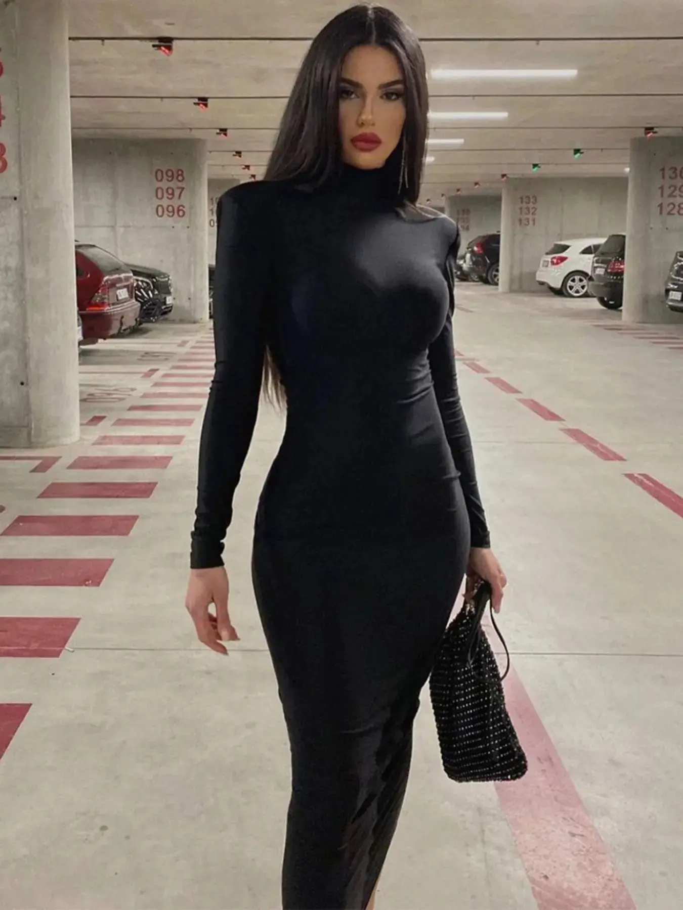 Women's Plain High Neck Padded Shoulder Long Sleeve Slim Fit Dress, Elegant Fit Dress, Elegant Formal Wear, Bodycon Fit Dress, Solid Midi Dress for Spring & Fall Winter Fashion, Ladies Party Club Date Evening Gown Formal Dress, Black Midi Dresses