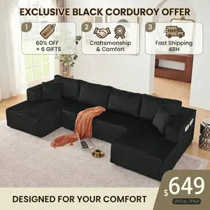 【2 Packages】Elseady 132" Modular Cloud Sofa: Plush Corduroy U-Shaped Sectional with Pocket Springs & High-Resilient Memory Foam, No Assembly Required, 1200 lbs Heavy-Duty Double Chaise Couch for Movie Nights