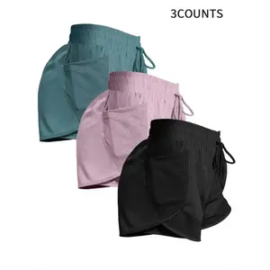 Women's Plain Pocket Drawstring Waist Sports Shorts, Gym Shorts, Sporty Quick-drying 2 in 1 Wrap Shorts, Women's Sportswear for Running Workout, Outdoor Sports Shorts