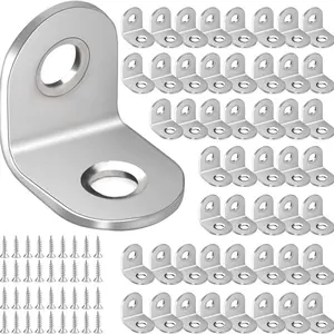 L Shaped Stainless Steel Corner Brace Set, 90 Degree Right Angle Bracket with Screws, Silver Color, for Wooden Shelves, Chairs, Tables