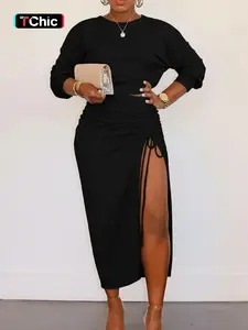 Women's Solid Color Two-Piece Set Round Neck Long Sleeve Fitted Top, Split Drawstring Skirt, Side Slit Design, Casual Fashion, Spring Womenswear